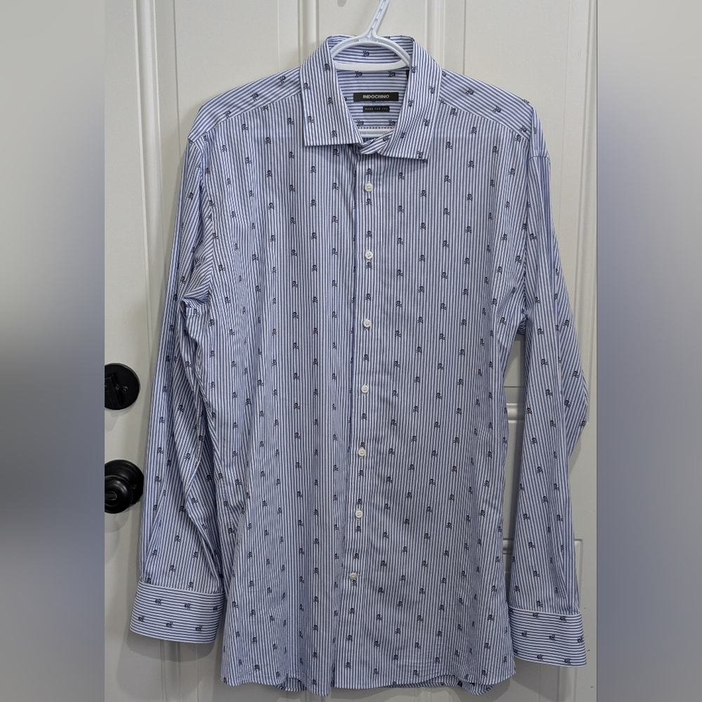 Indochino  100% Cotton Men's Blue Striped Button Down Shirt With ☠️